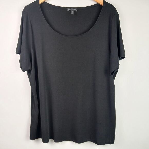 Eileen Fisher Women's SZ 1X 100% Silk Scoop Neck Tee In Black Elevated Basic - Picture 2 of 5